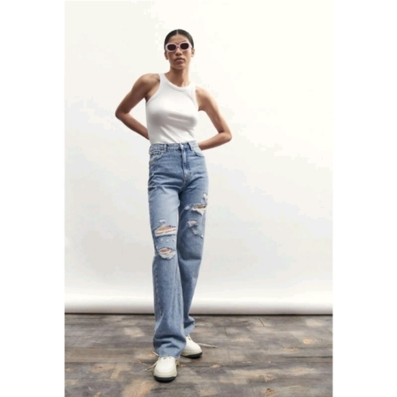Zara 90s Full Length Distressed Raw Hem High Rise Straight Denim Jean sz 4 - Picture 1 of 10